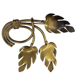 Vintage Brass Leaf Spray Brooch Modernist Abstract Mid Century Statement 3" Pin